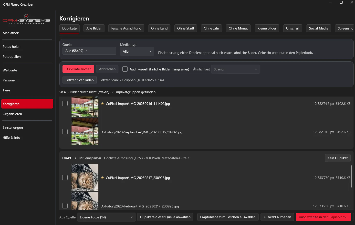 Ansicht «Duplikate» im QPM Picture Organizer: Doppelte und ähnliche Bilder nebeneinander vergleichen.