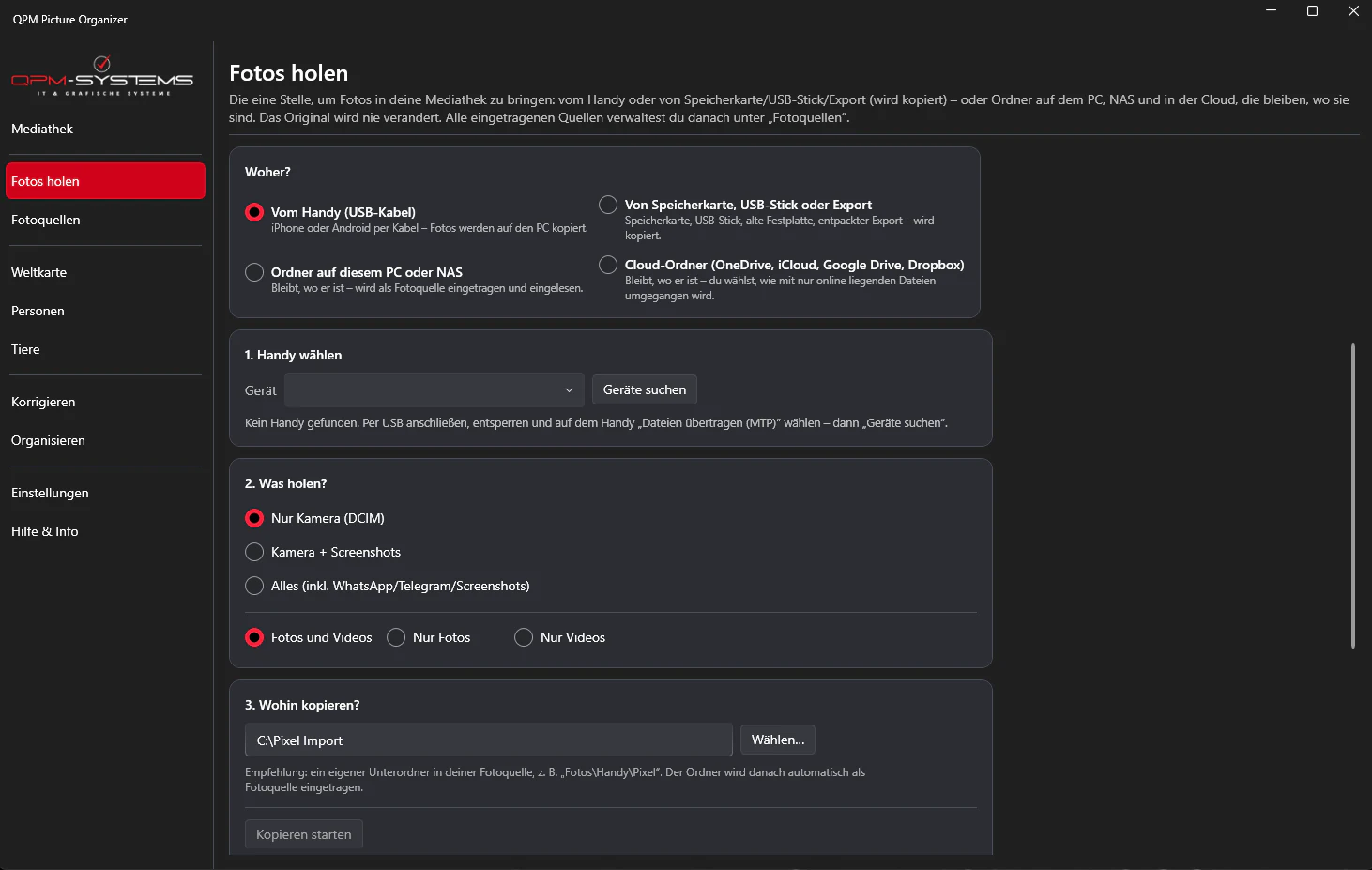 Ansicht «Fotos holen» im QPM Picture Organizer: Vier Wege: Handy, Speicherkarte, Ordner und Cloud.