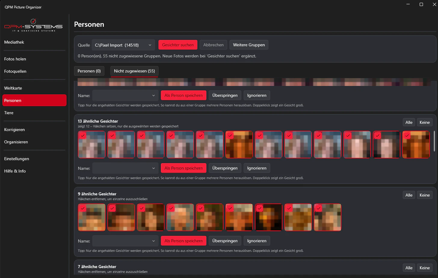 Ansicht «Personen» im QPM Picture Organizer: Gesichter gruppiert und benannt, alle Bilder einer Person auf einen Blick.