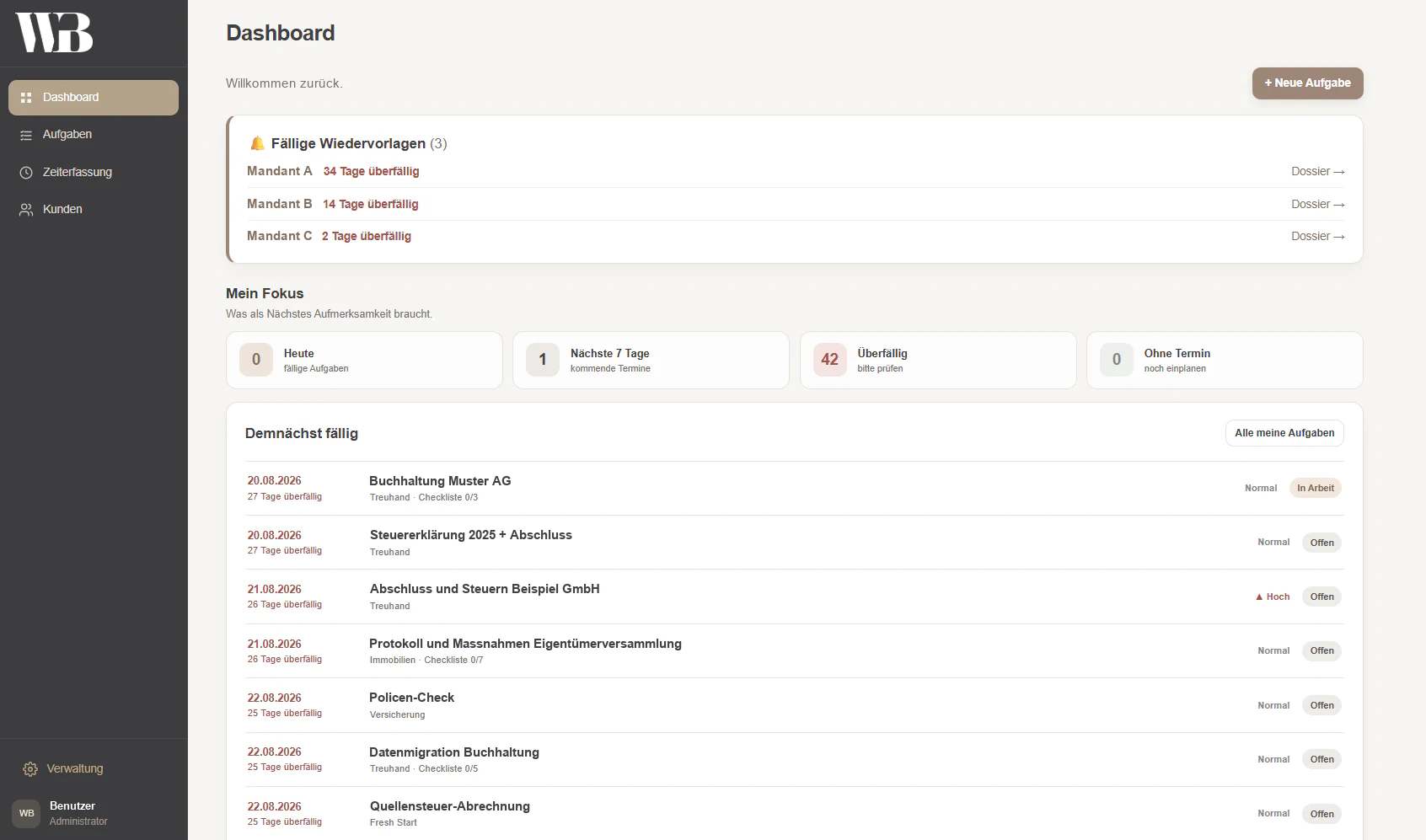 Dashboard der Web-Anwendung für Wehrli Beratung mit fälligen Wiedervorlagen und Aufgaben (anonymisiert)